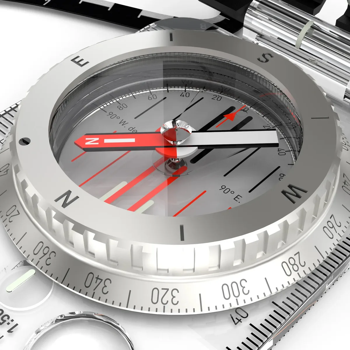 Gros plan sur la capsule de la Silva Expedition Neo S : aiguille rouge, anneau en aluminium gravé