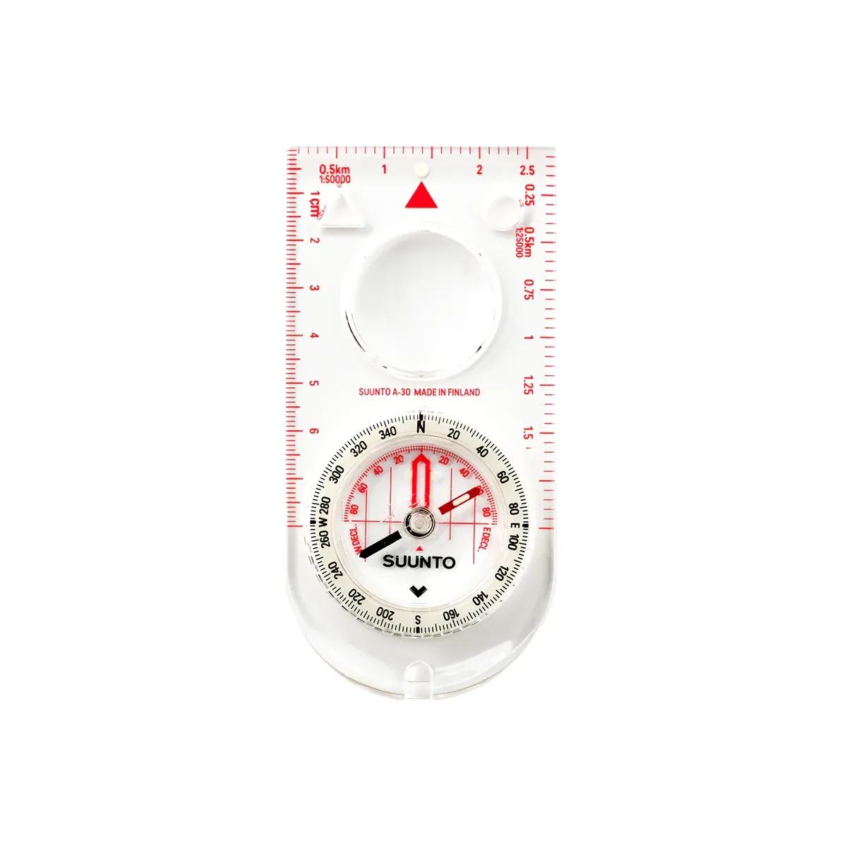 Boussole à plaque Suunto A-30 vue de dessus, avec loupe et capsule circulaire