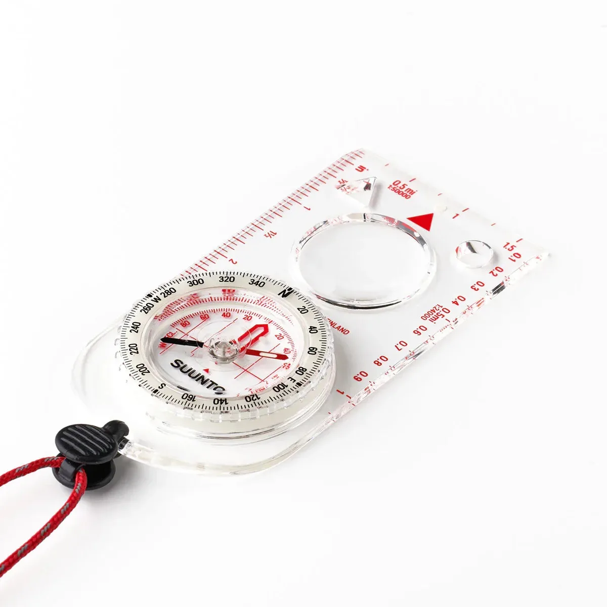 Boussole Suunto A-30 en perspective sur fond blanc, avec son cordon rouge