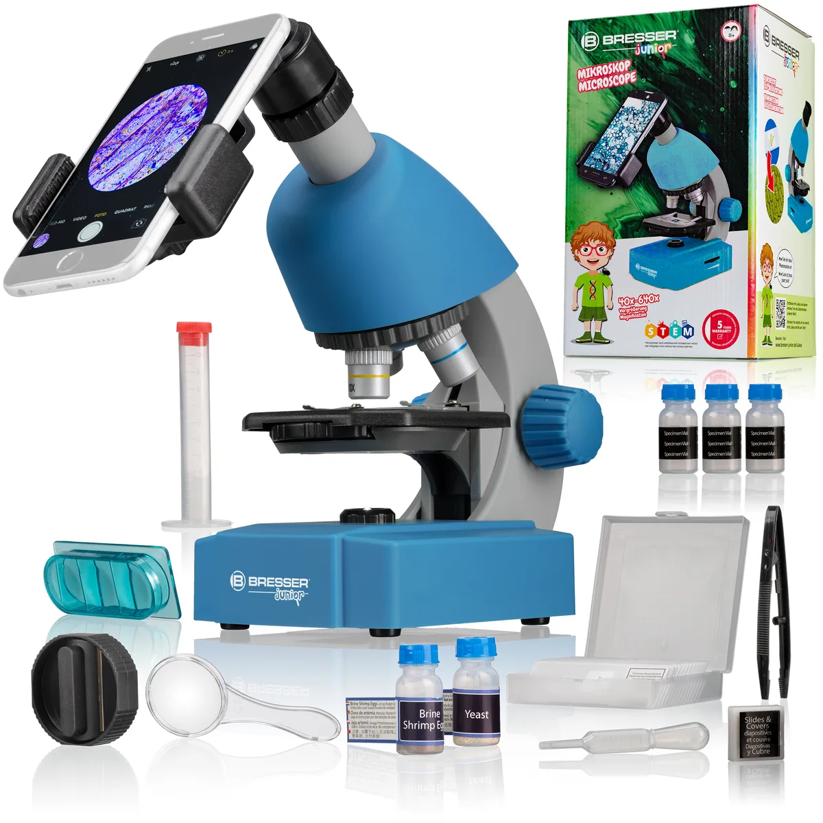 Microscope Bresser Junior bleu avec porte-smartphone, lames, flacons, loupe et pince