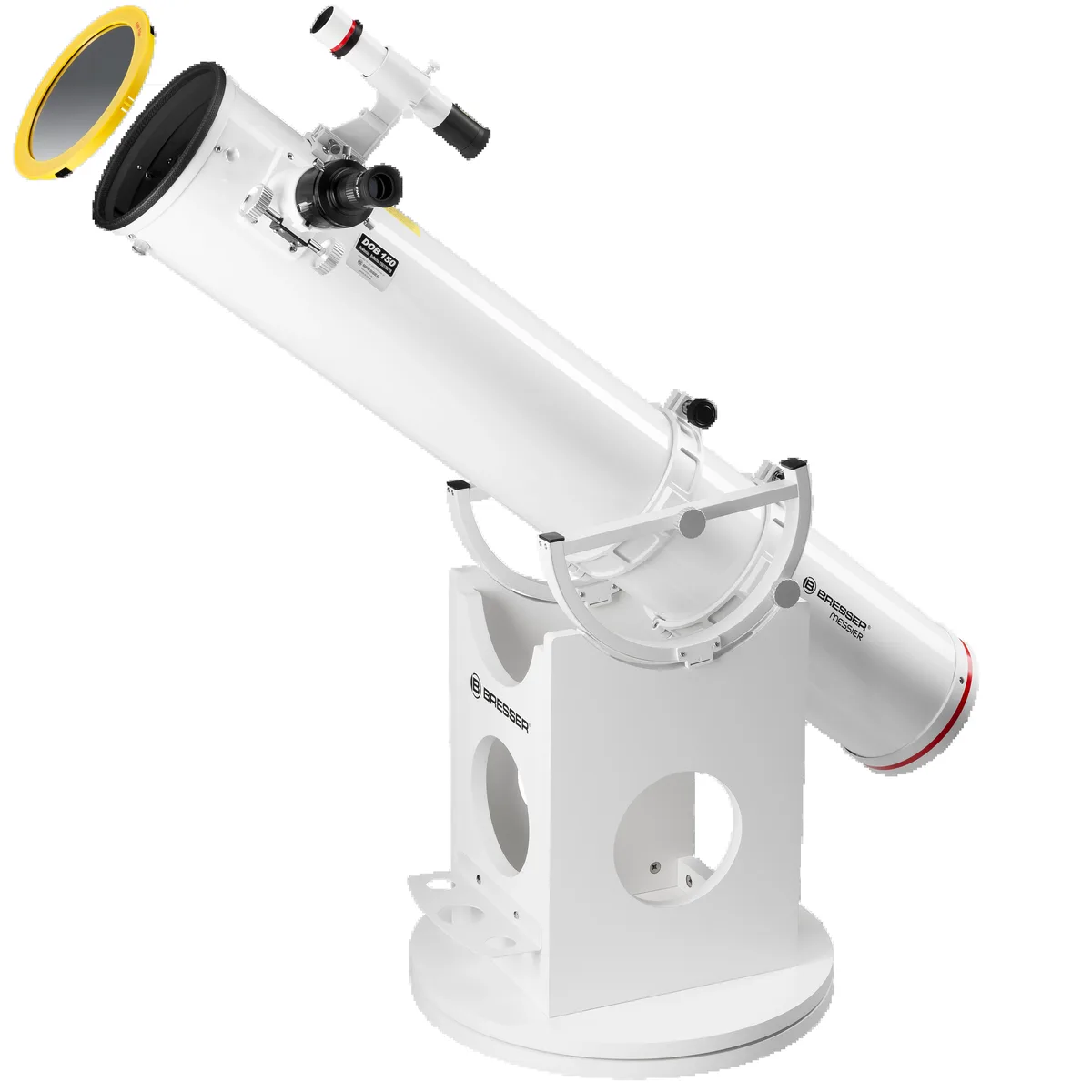 Télescope Bresser Messier 6 pouces blanc sur sa monture Dobson, filtre solaire jaune posé sur le tube