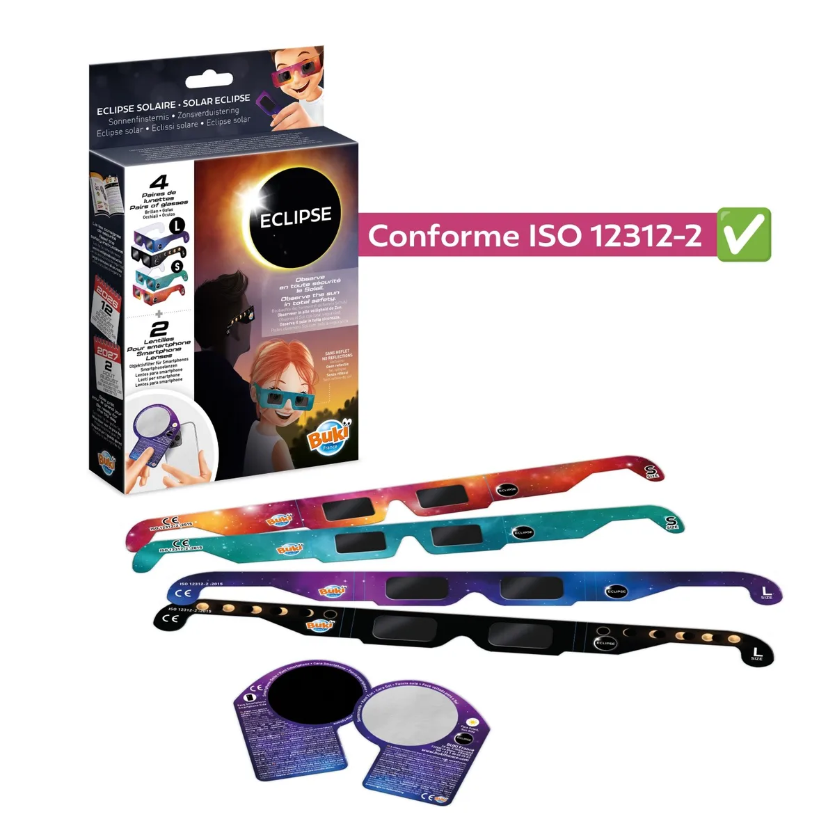 Lunettes d'éclipse Buki et lentille pour smartphone, conformes ISO 12312-2