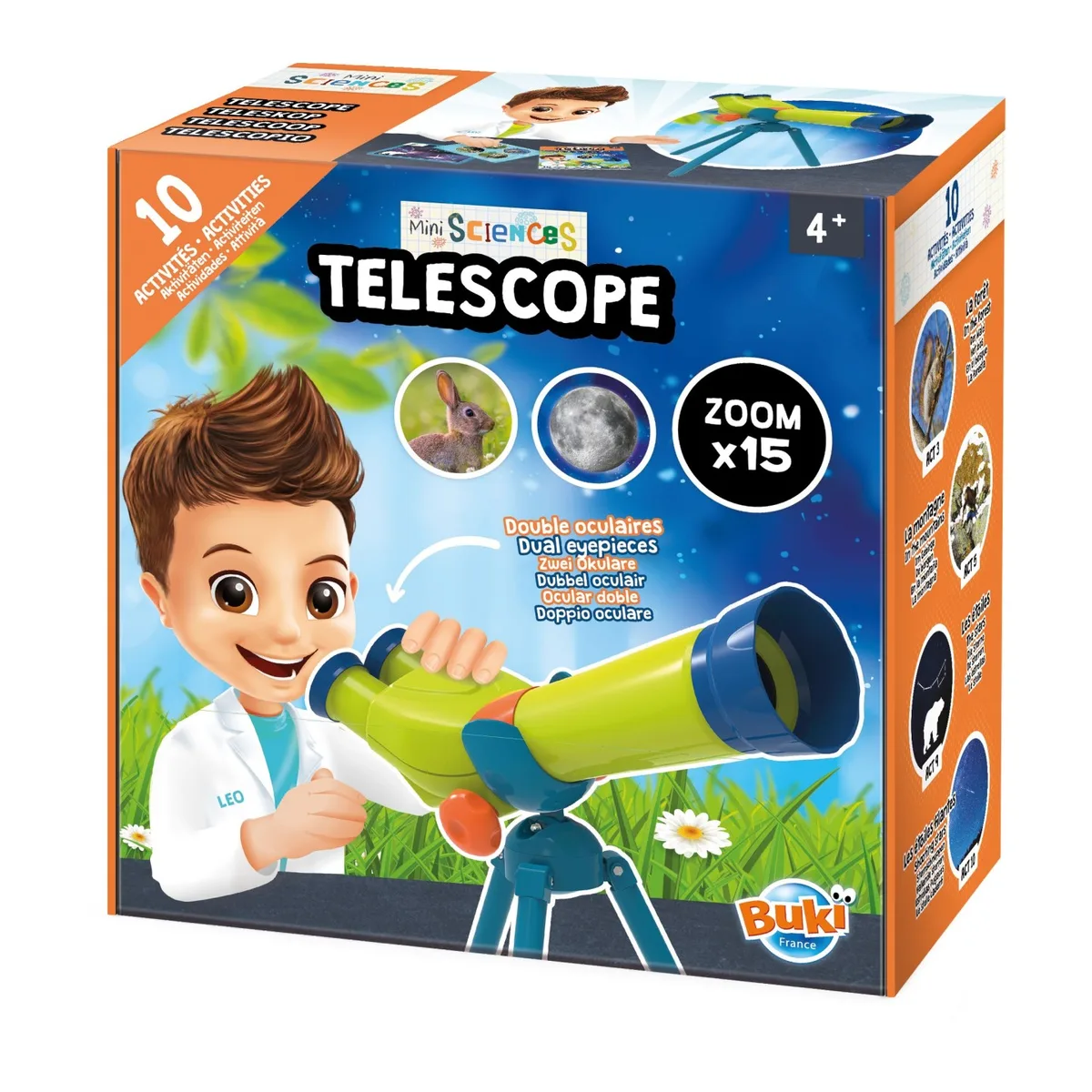 Boîte du Buki Mini Sciences Télescope avec un enfant observant la Lune