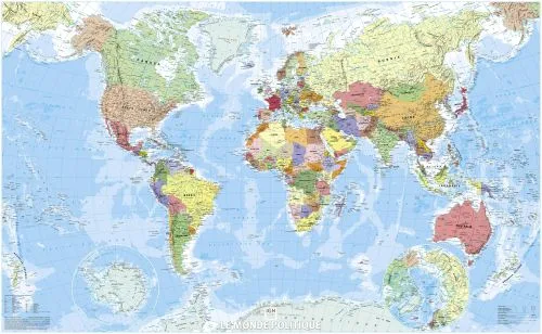 Carte du monde politique IGN en couleurs par pays, avec relief et océans bleus