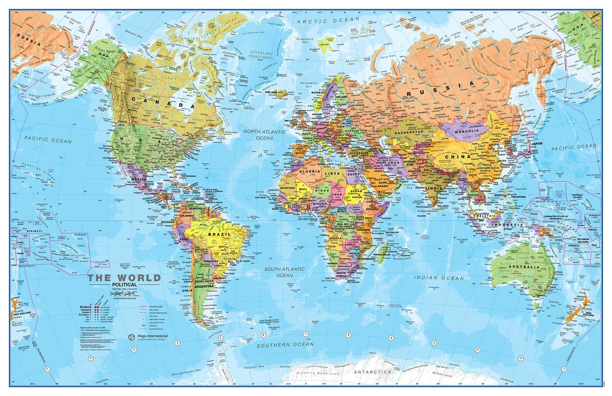 Carte murale Maps International du monde politique, pays en couleurs différentes sur des océans bleus, légendes en anglais