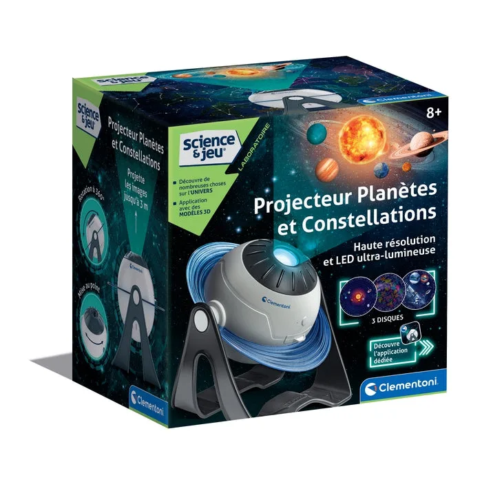 Boîte du Projecteur Planètes et Constellations Clementoni avec le projecteur gris sur son support noir
