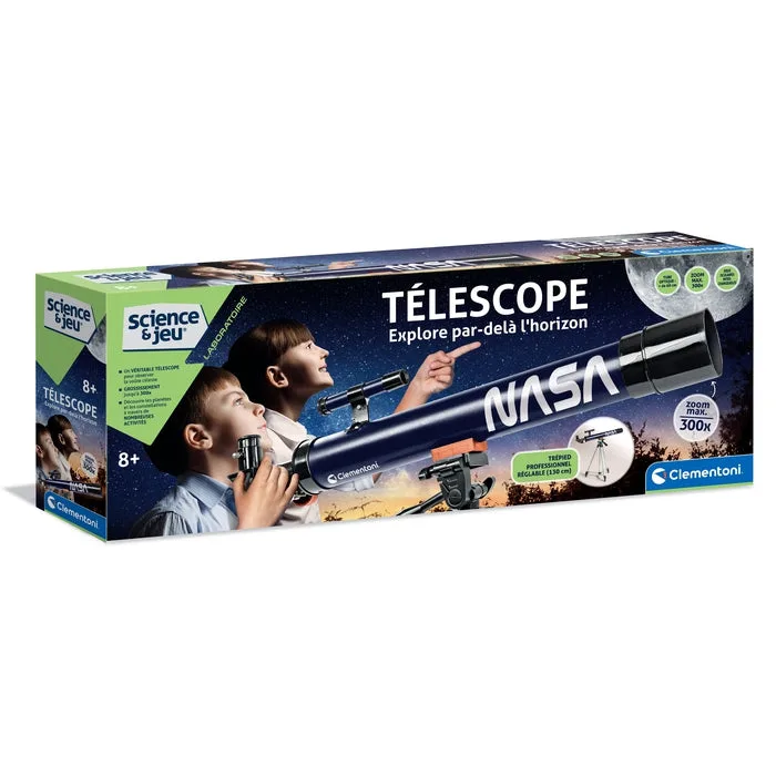 Boîte allongée du Télescope NASA Clementoni, illustrée de deux enfants regardant le ciel