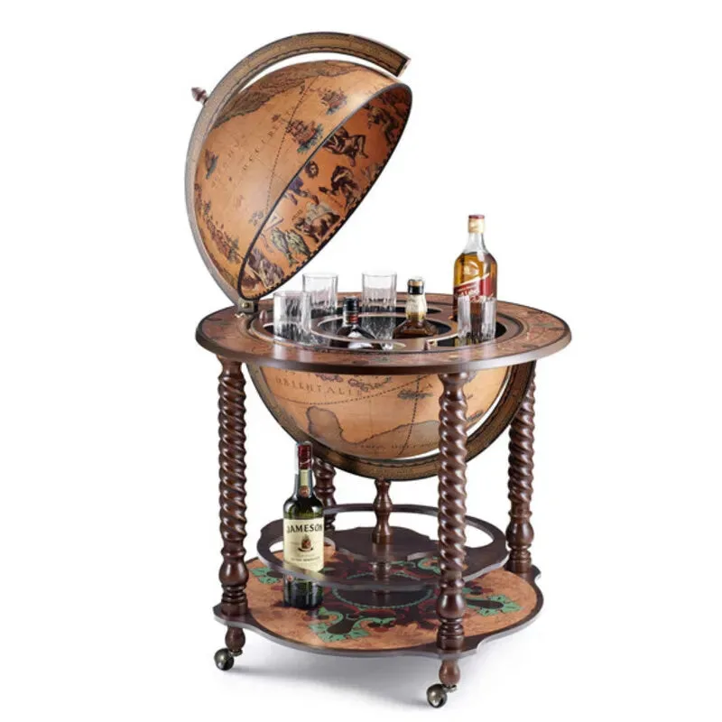 Globe bar Zoffoli Bacco ouvert, sphère à carte ancienne, verres et bouteilles sur une base à pieds en spirale