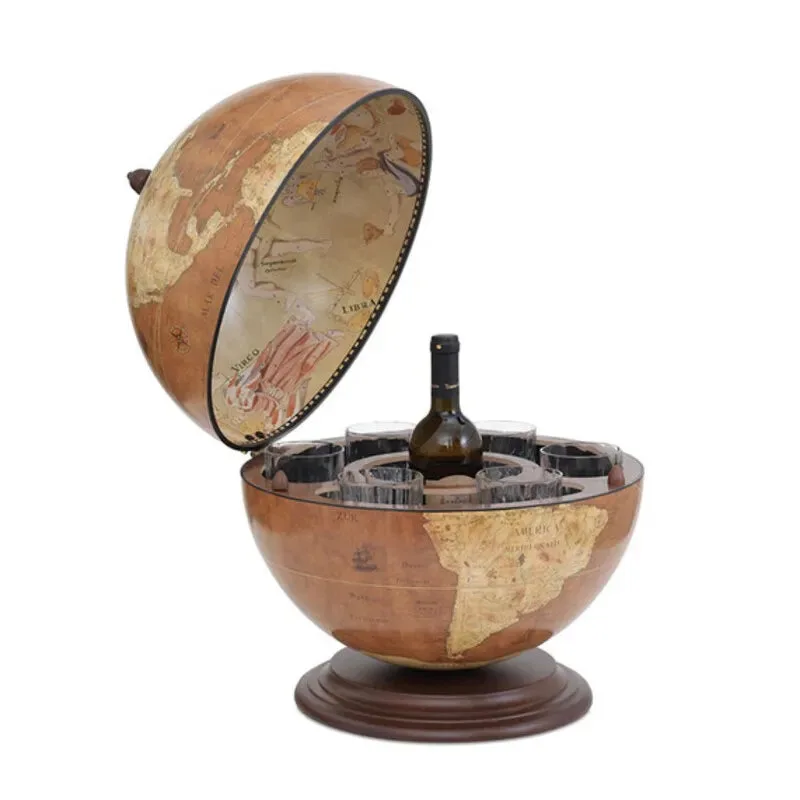 Globe bar Zoffoli Giove ouvert, avec sa bouteille et ses verres, sur sa base en bois