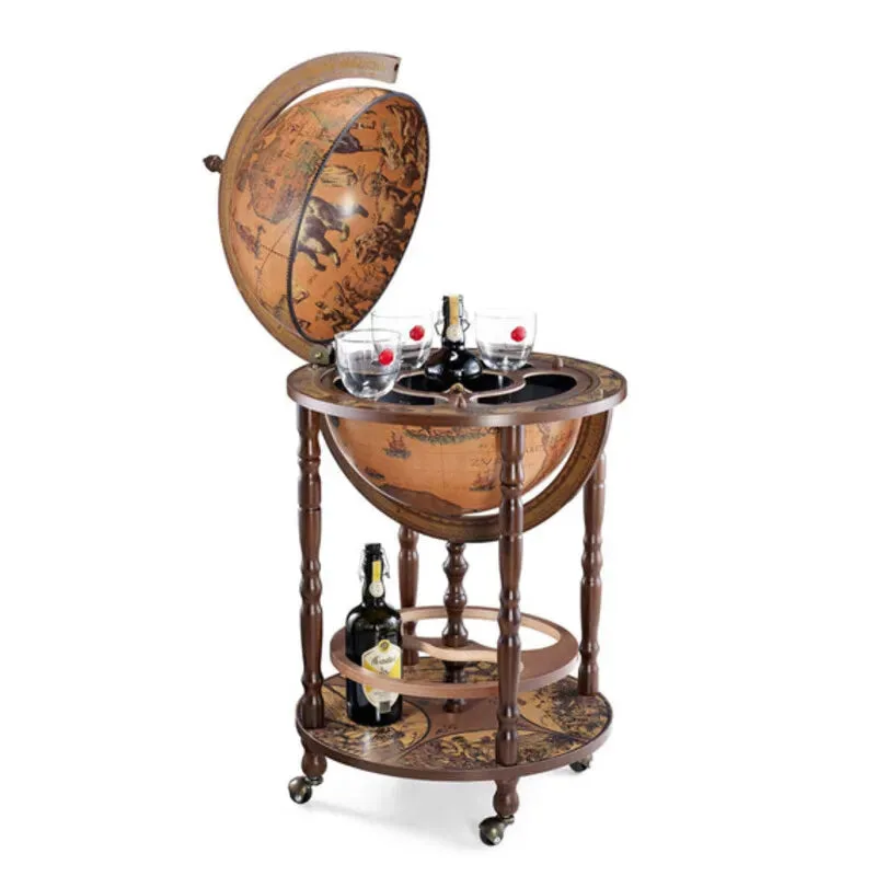 Globe bar Zoffoli Minerva ouvert, avec bouteilles et verres, sur quatre pieds et roulettes