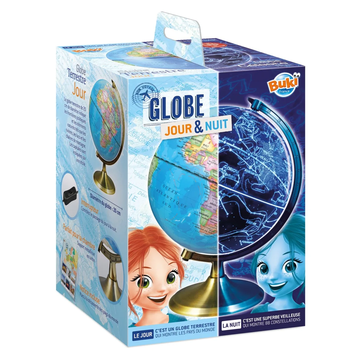 Boîte du globe Jour et Nuit Buki, avec la carte du monde de jour et le ciel étoilé de nuit