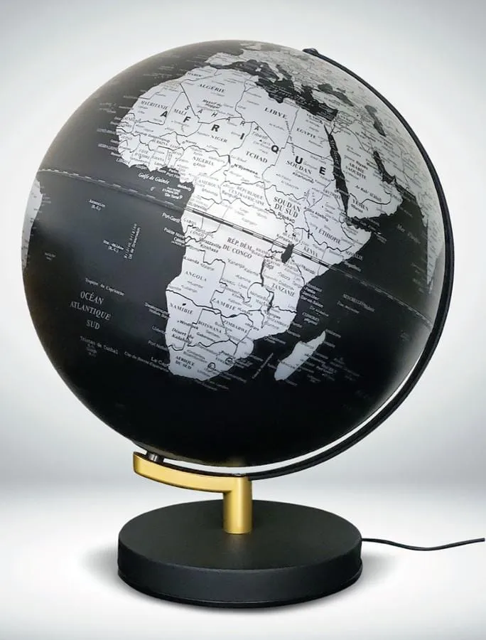Globe lumineux noir à pied noir et doré, 30 cm