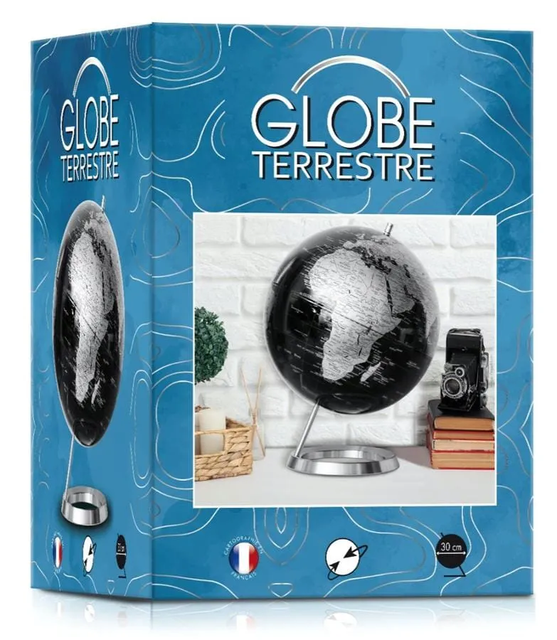 Détail du pied chromé du globe noir incliné de 30 cm