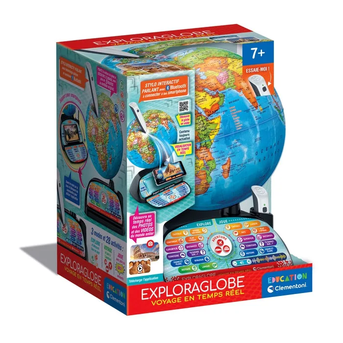 Boîte de l'Exploraglobe Voyage en temps réel de Clementoni, avec le globe et son stylo