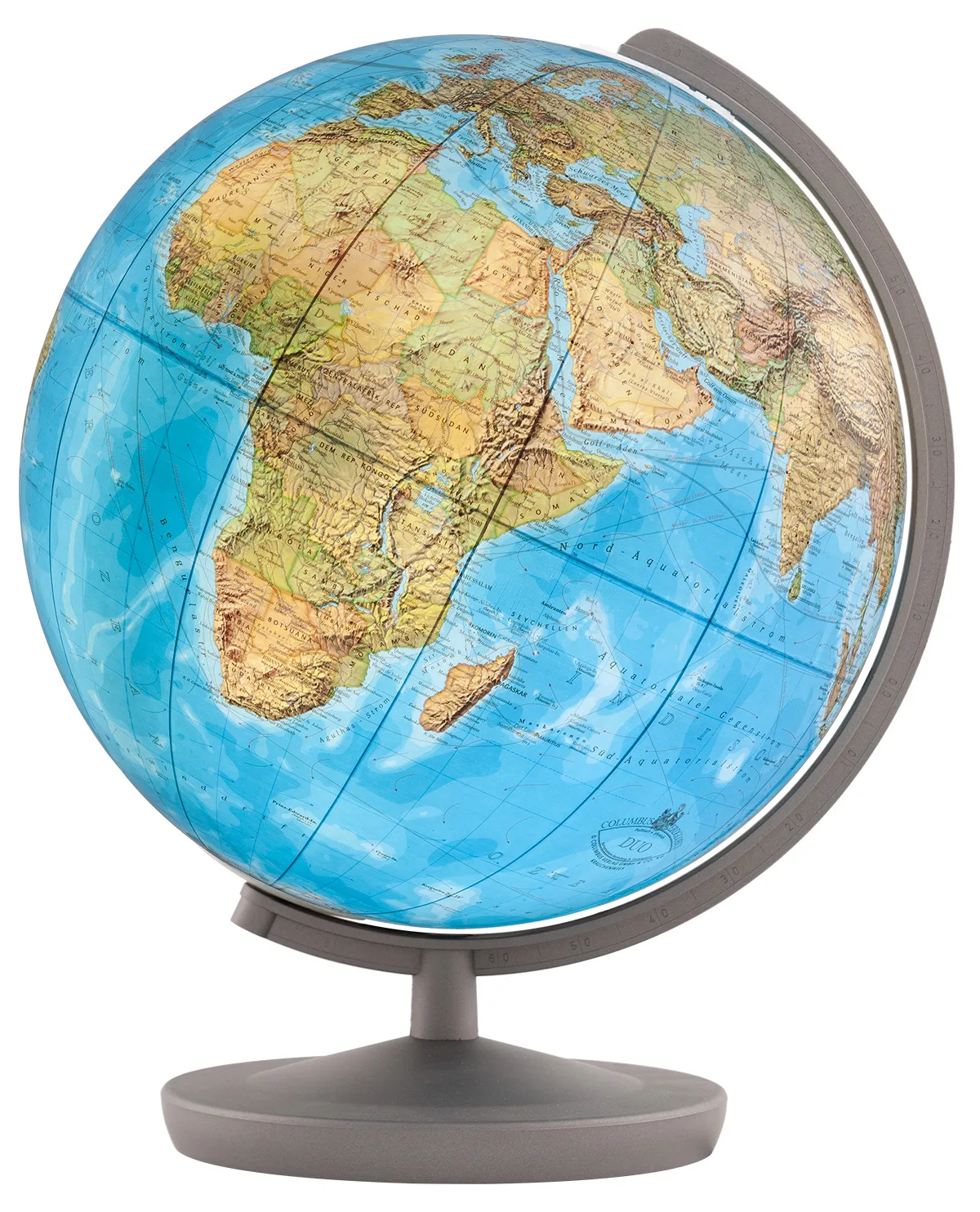 Globe Columbus DUO Baron allumé, carte physique visible à travers la sphère