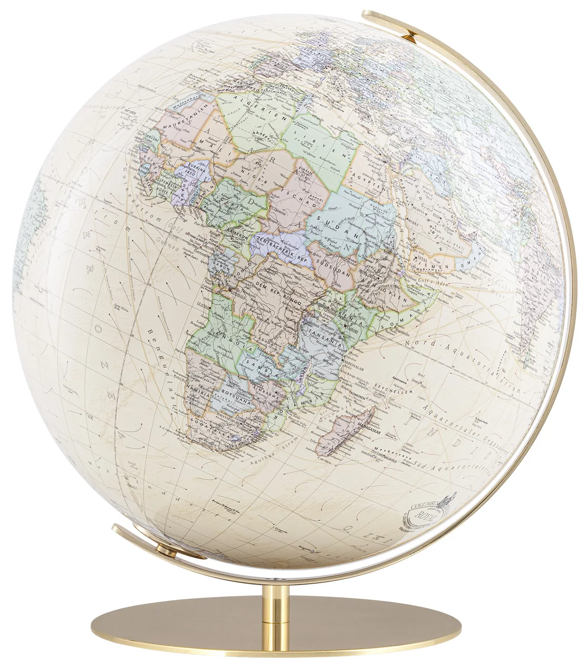 Globe de table Columbus Royal Regent éteint, carte aux teintes claires sur un méridien et un pied en laiton