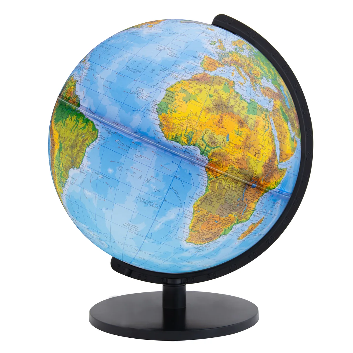 Globe Columbus Terra allumé, carte physique aux couleurs chaudes visible à travers la sphère