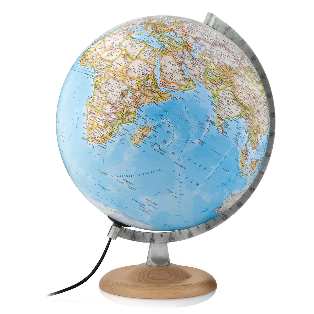 Globe lumineux National Geographic Silver Classic, sphère bleue, méridien argenté et pied en bois clair