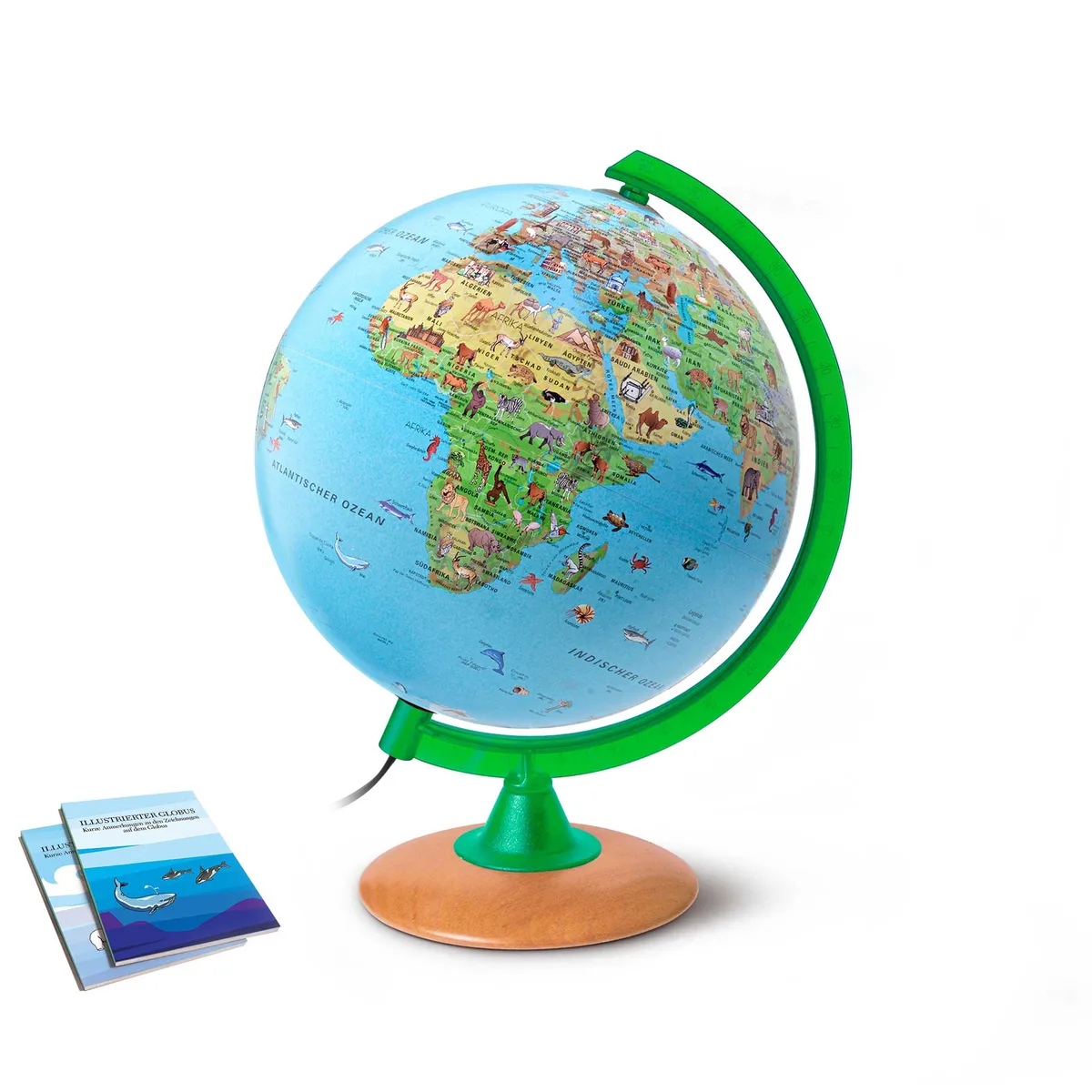 Globe lumineux pour enfant Räthgloben KS 25 25, sphère bleue illustrée d'animaux sur un pied en bois clair et un méridien vert
