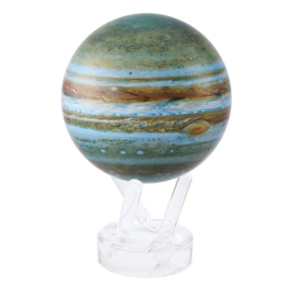 Globe Mova Jupiter, bandes bleues et brunes et tache rouge, sur un support acrylique transparent
