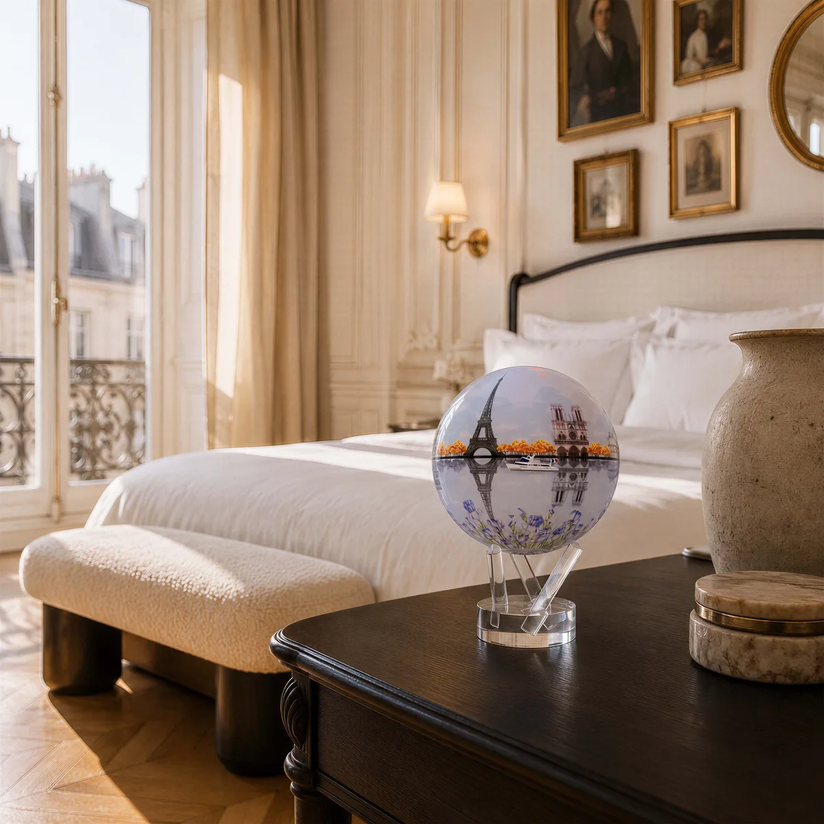 Globe Mova Paris sur une console dans une chambre aux murs ornés de tableaux