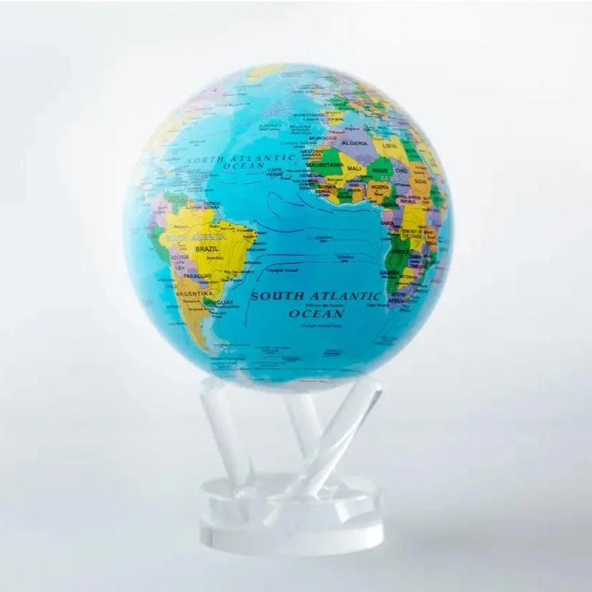 Globe Mova carte politique à pays colorés sur océan bleu, support acrylique transparent
