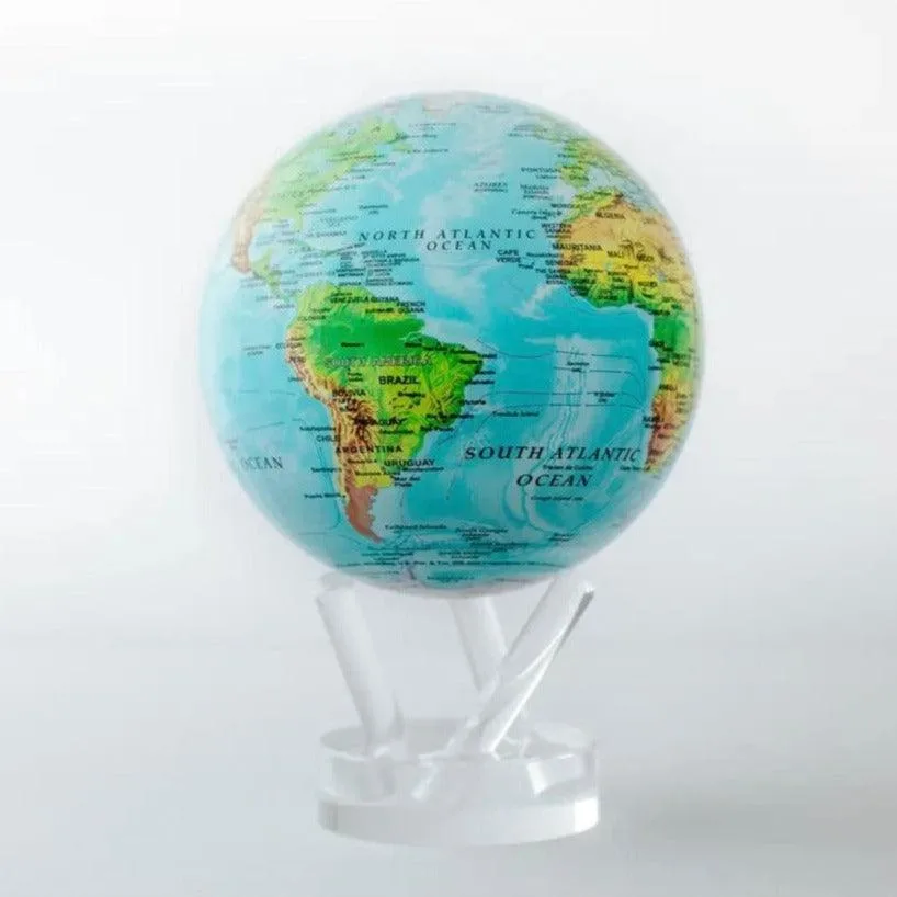 Globe Mova Terre en relief sur océan bleu, continents verts et bruns, sur un support acrylique