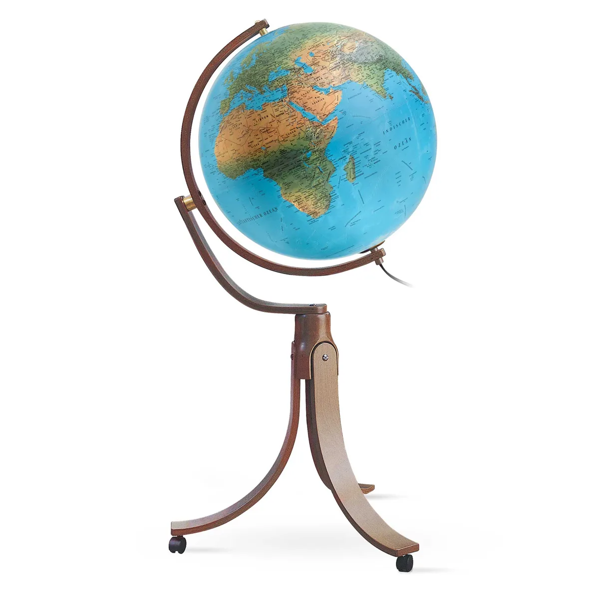 Globe sur pied Räthgloben DP 50 60, sphère de 50 cm sur un trépied en bois foncé à roulettes