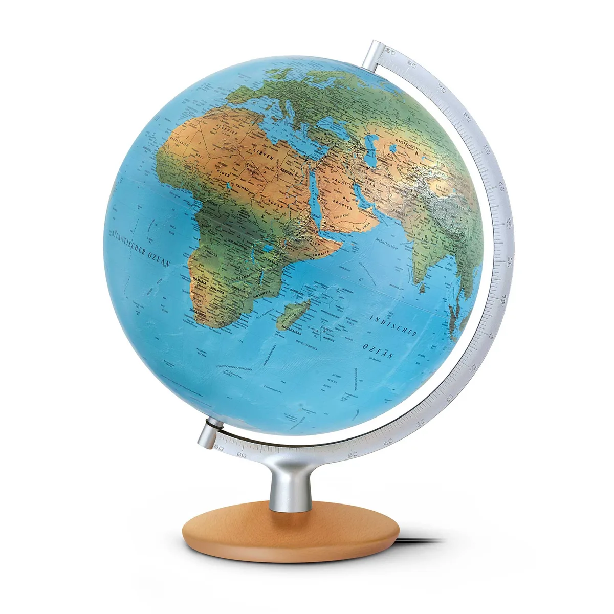 Globe lumineux Räthgloben DPI 30 17, sphère bleue de 30 cm sur un pied en bois clair et un méridien argenté