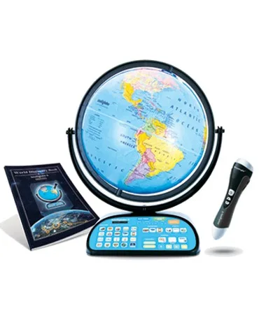 Globe interactif Replogle Intelliglobe II, sphère bleue sur une base noire avec clavier, stylo Intellipen et livret