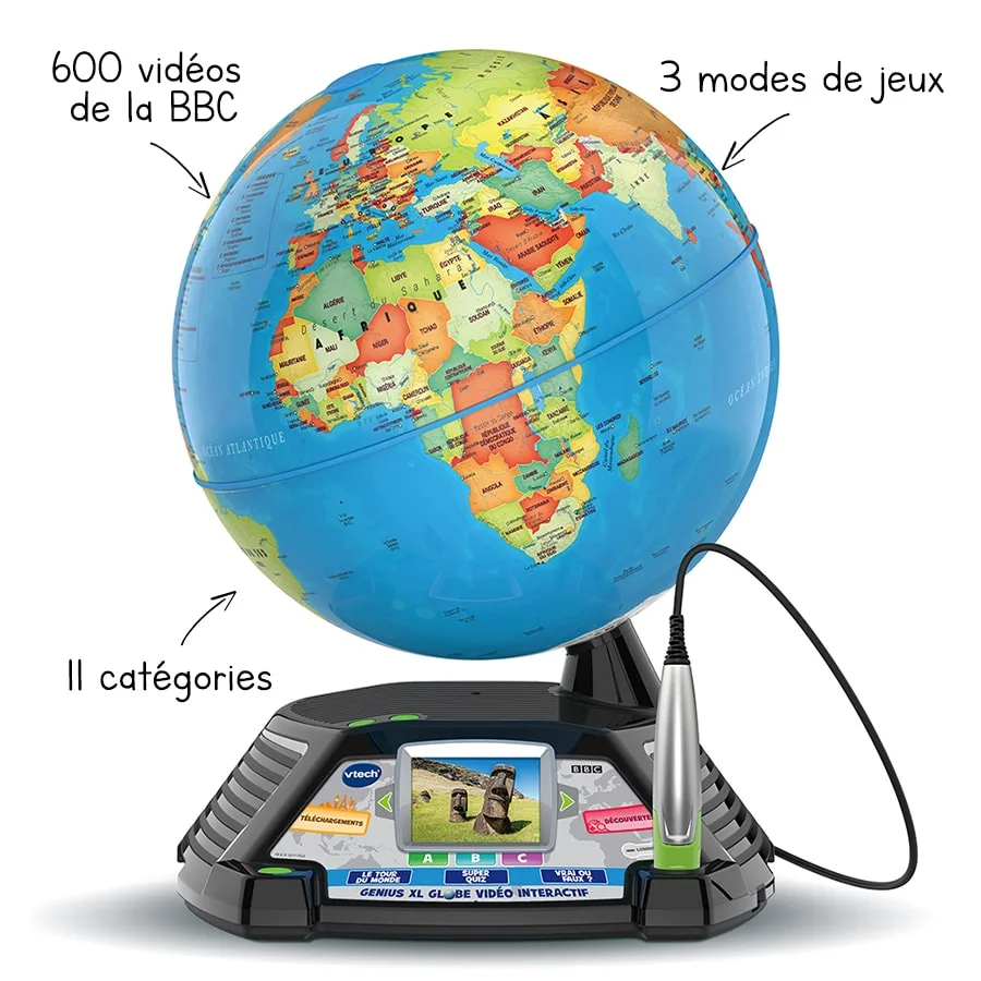 Globe VTech Genius XL vidéo interactif avec son écran, son stylo et la carte politique