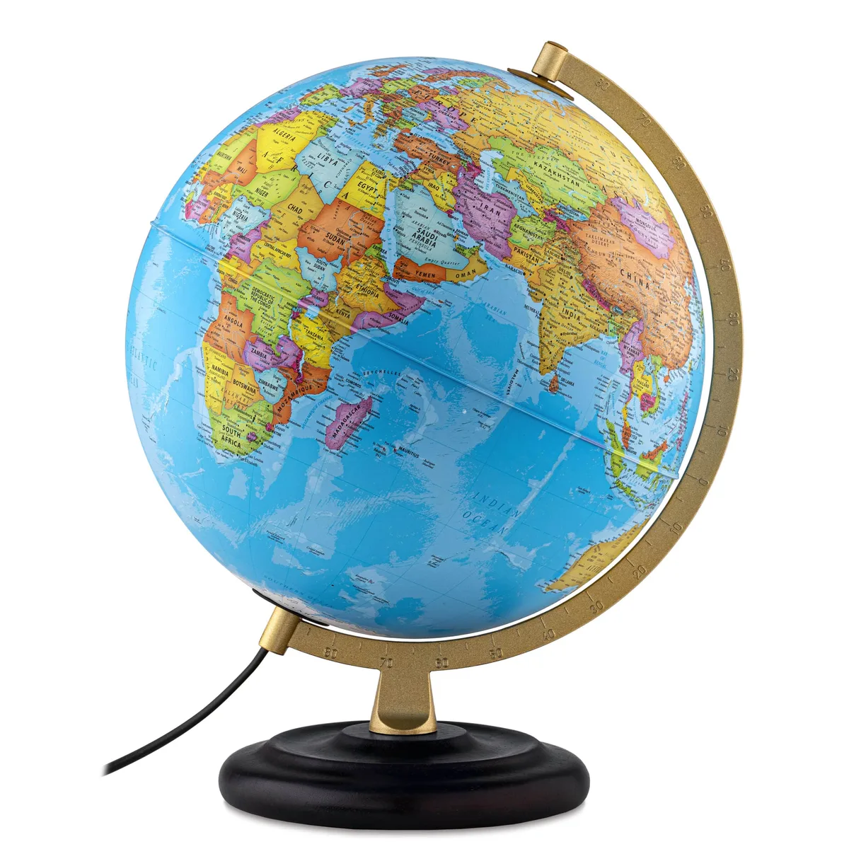 Globe Waypoint Geographic Navigator Plus, océans bleus, méridien doré et socle noir