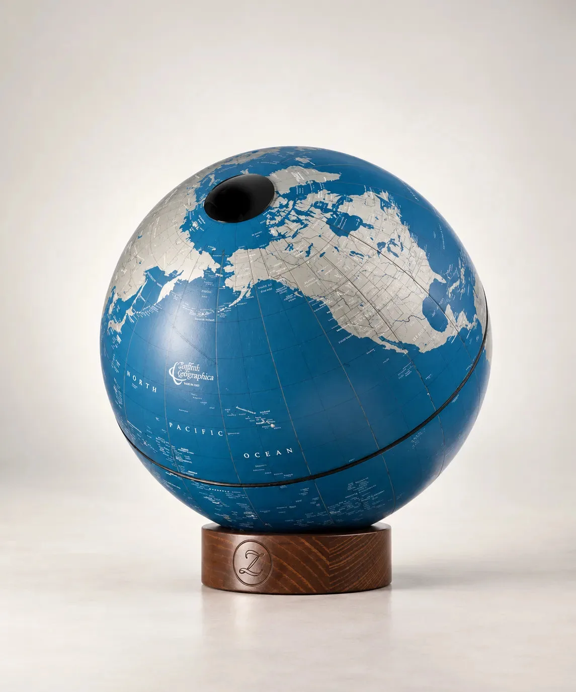 Globe Zoffoli Orbis bleu sur son pied en bois