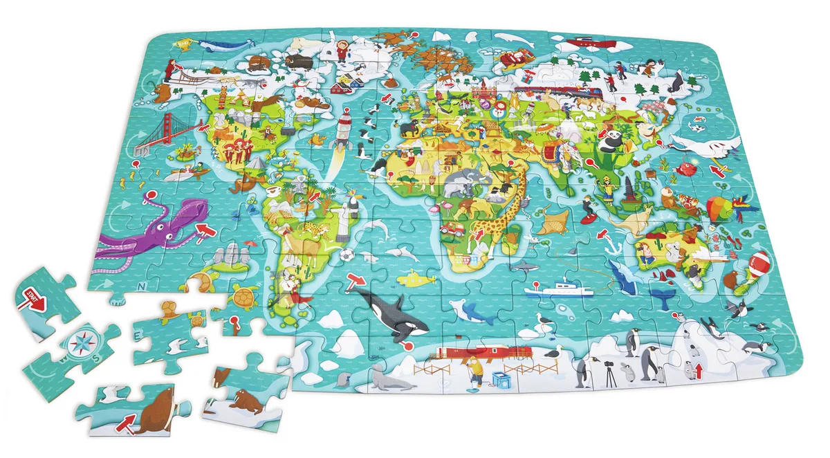 Puzzle Hape tour du monde assemblé, carte du monde illustrée avec animaux et monuments, quelques pièces détachées au premier plan
