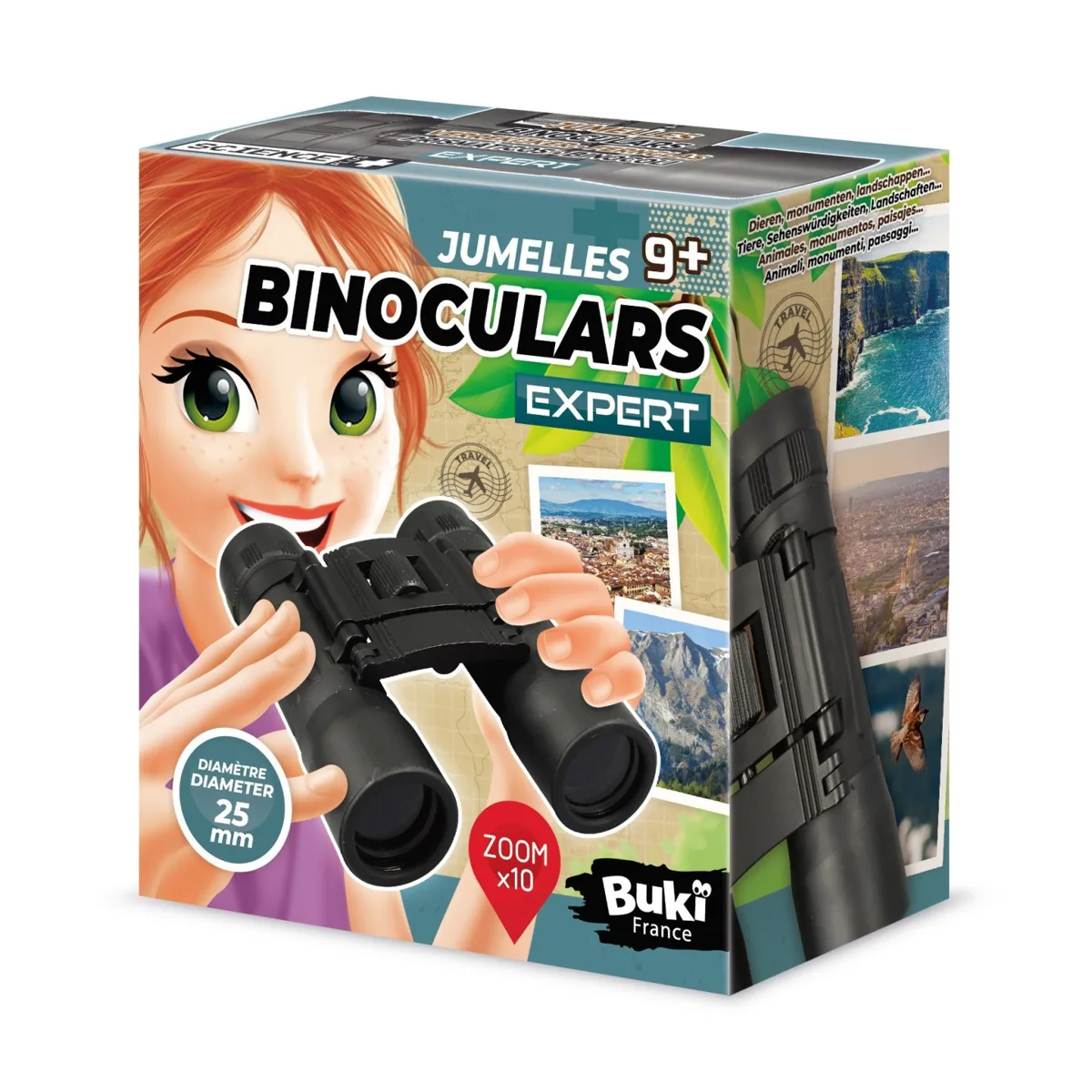 Boîte des jumelles Expert Buki 10 x 25 avec une enfant qui regarde dans les jumelles