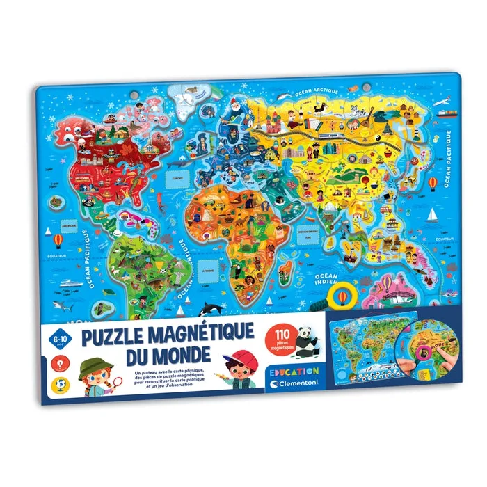 Boîte du Puzzle magnétique du monde Clementoni, planisphère illustré aux couleurs vives par continent