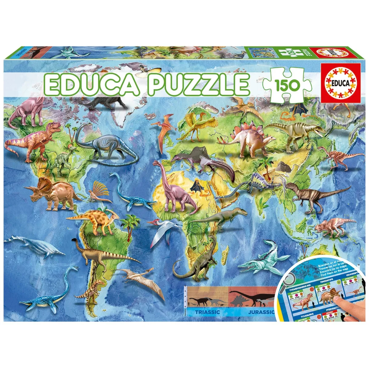 Boîte du puzzle Educa 150 pièces Mappemonde Dinosaures