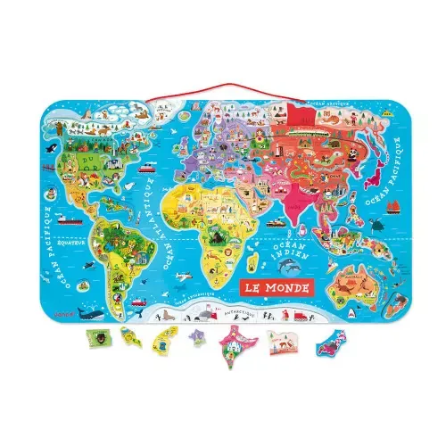 Puzzle magnétique Janod carte du monde en français, planisphère bleu avec aimants de pays illustrés et cordon rouge