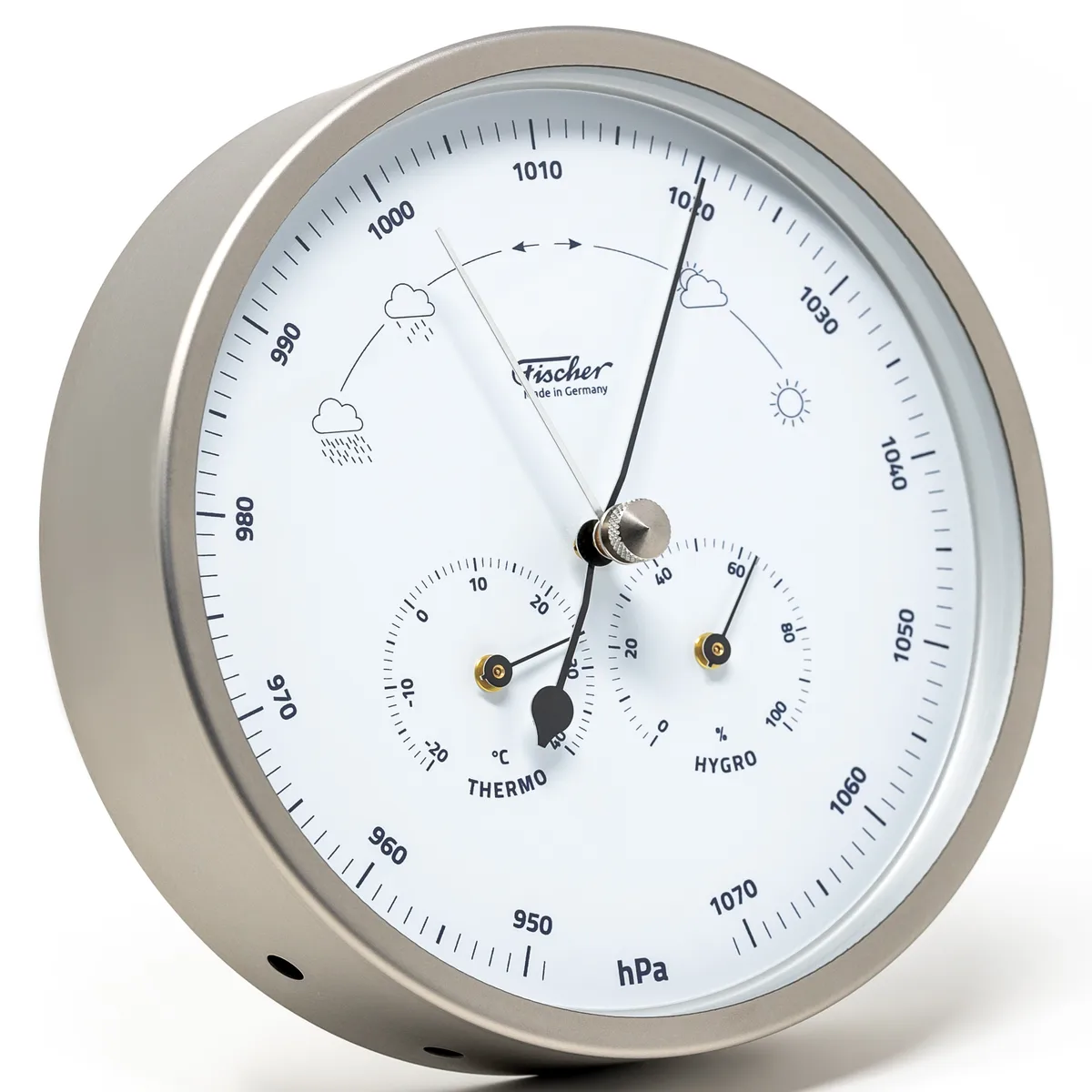 Station météo Fischer 1602-01 en inox, cadran blanc avec baromètre, thermomètre et hygromètre