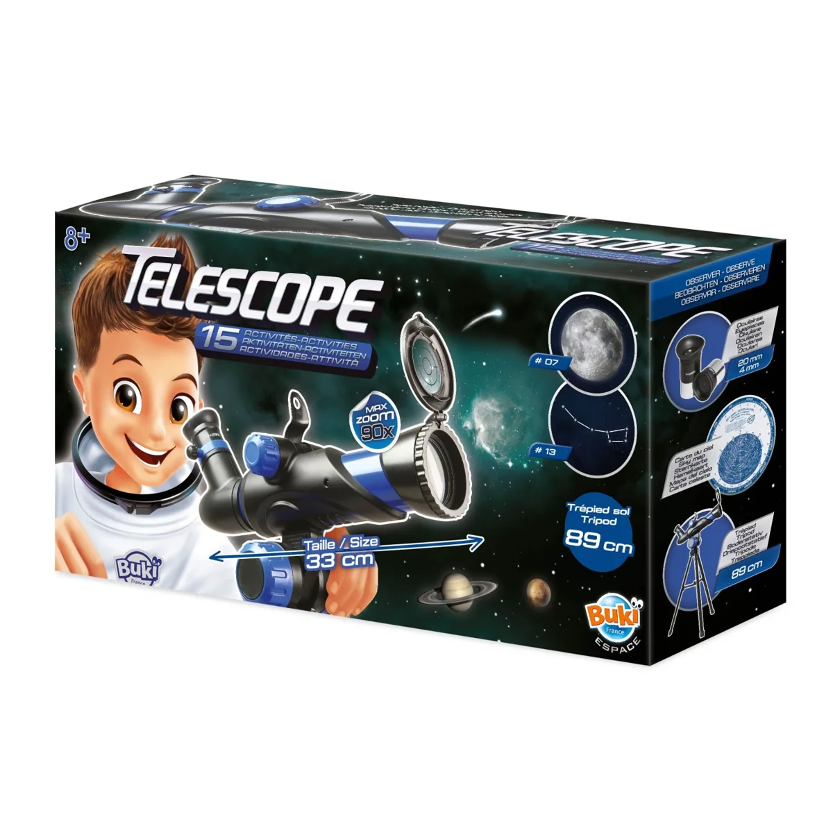 Boîte du télescope Buki 15 activités avec un enfant et le télescope sur trépied