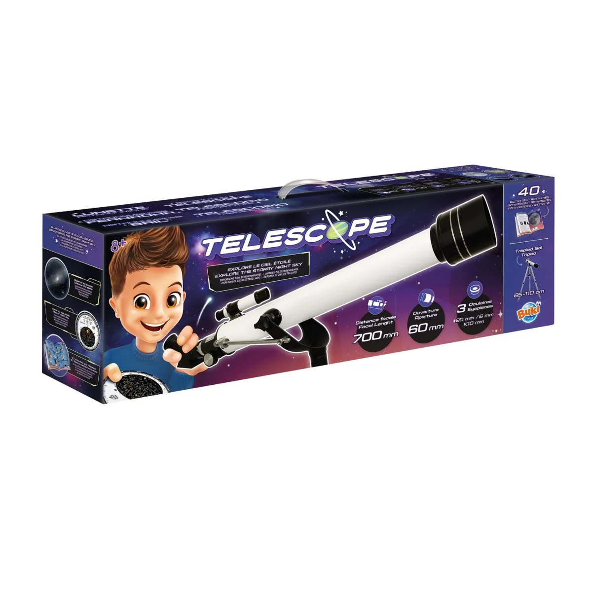 Boîte du télescope Buki 40 activités avec le télescope blanc sur son trépied