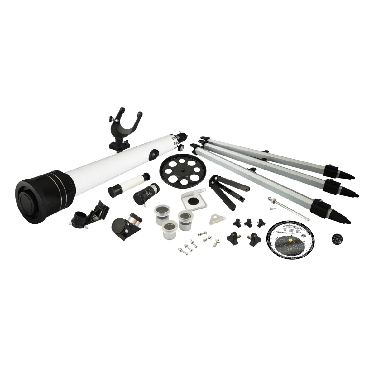 Contenu du télescope Buki 40 activités : tube, oculaires, trépied et accessoires