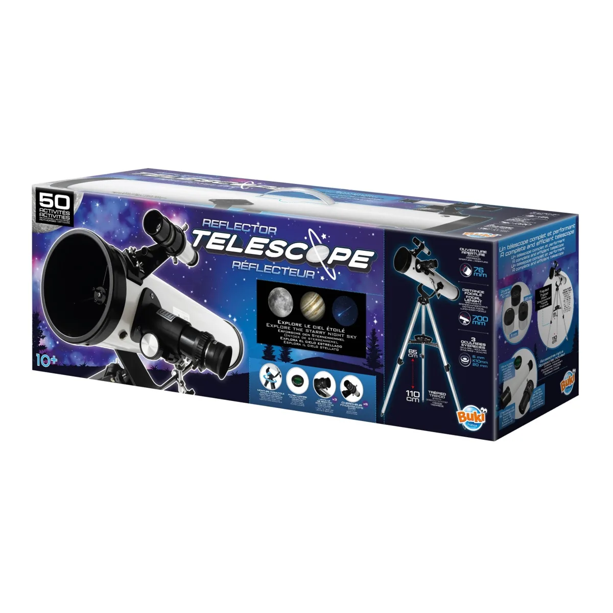 Boîte du télescope réflecteur Buki 50 activités, avec le télescope blanc et ses oculaires