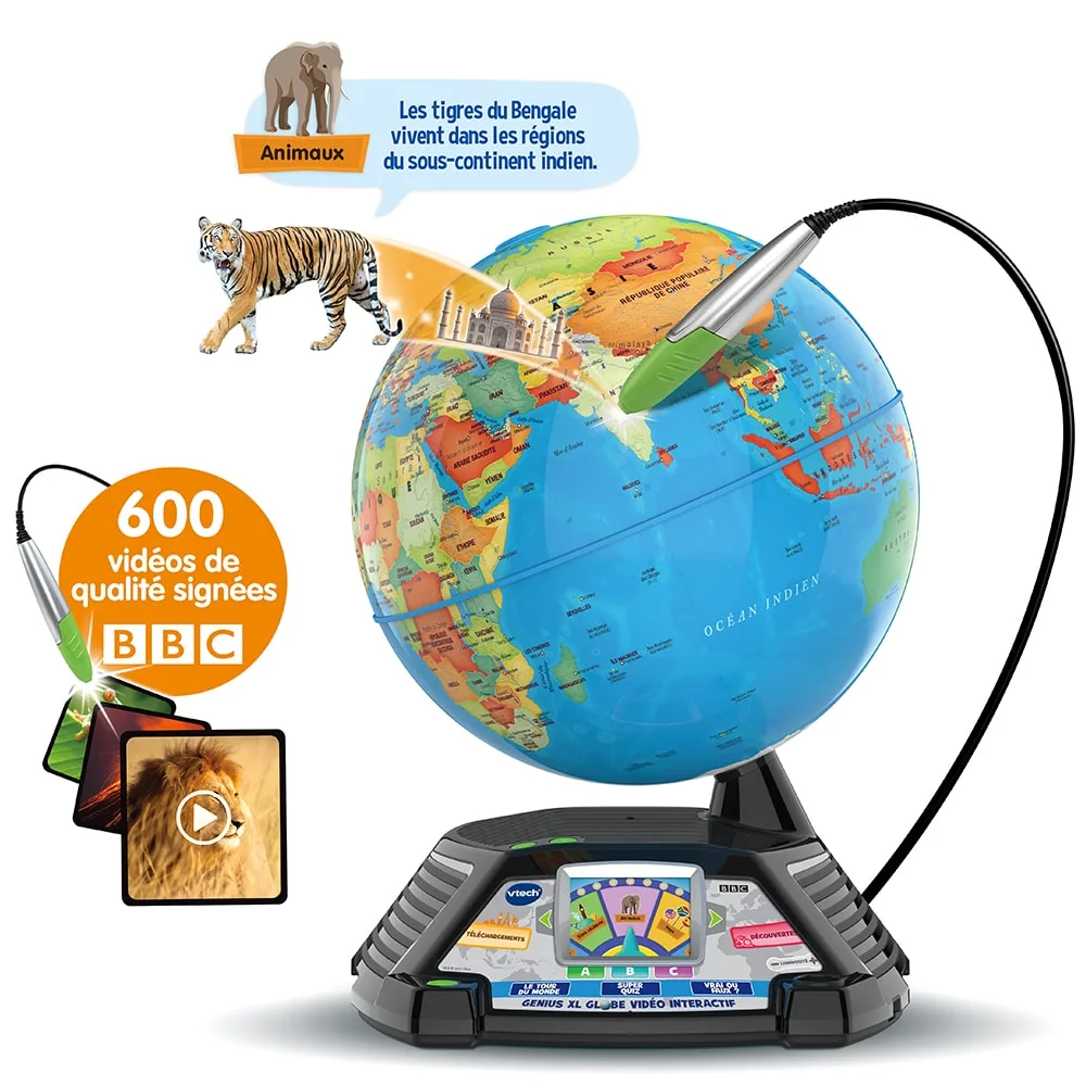Globe vidéo interactif VTech Genius XL avec stylet, écran couleur et la mention 600 vidéos BBC