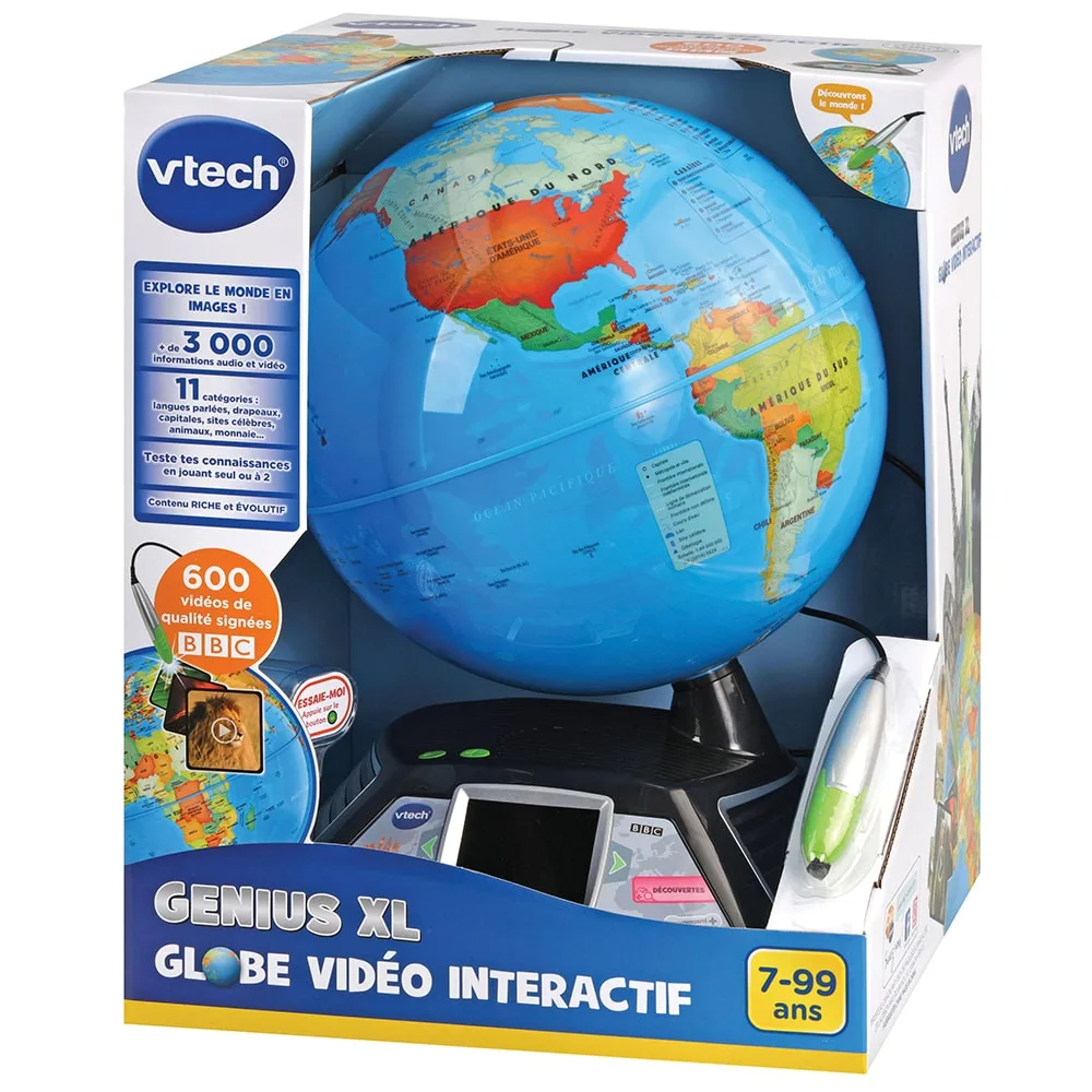 Boîte du VTech Genius XL Globe vidéo interactif, 7-99 ans